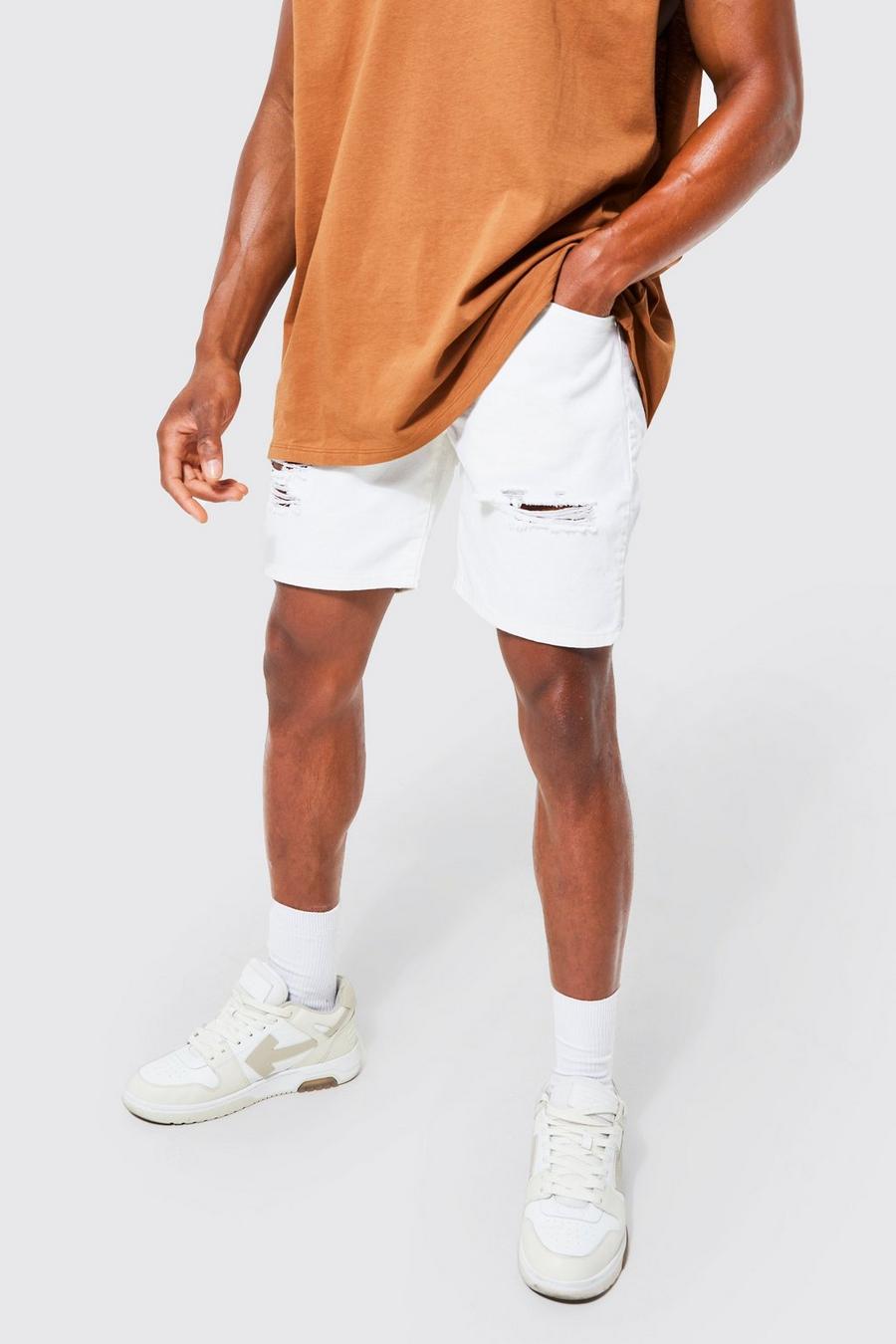 White Onbewerkte Versleten Denim Slim Fit Shorts image number 1
