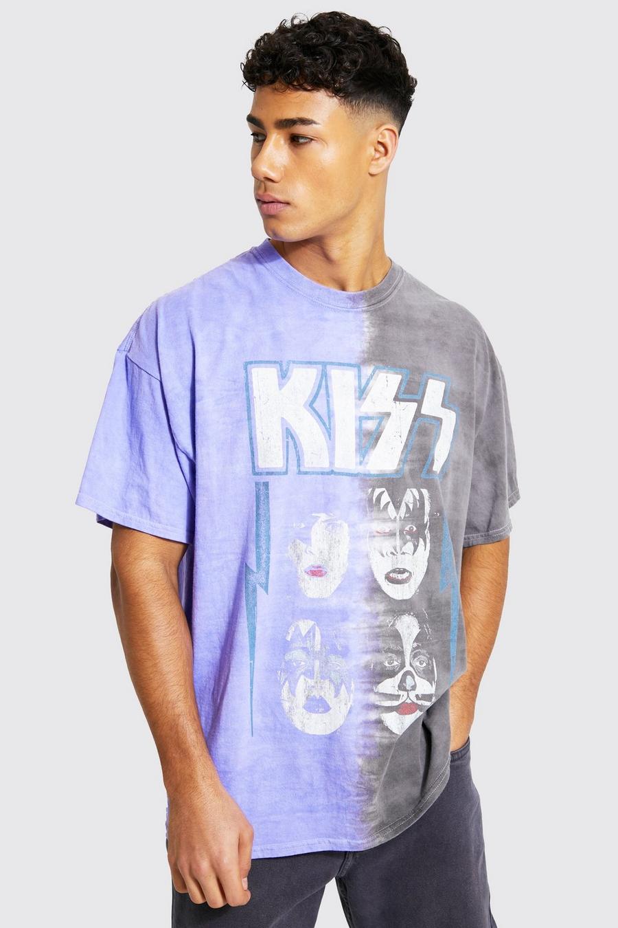 Camiseta oversize con desteñido anudado y estampado de Kiss, Purple morado image number 1