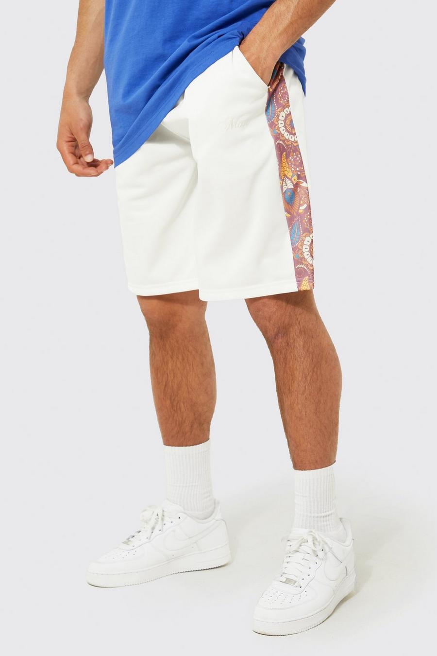 Pantaloncini oversize con stampa Man e pannelli in tricot, Ecru bianco