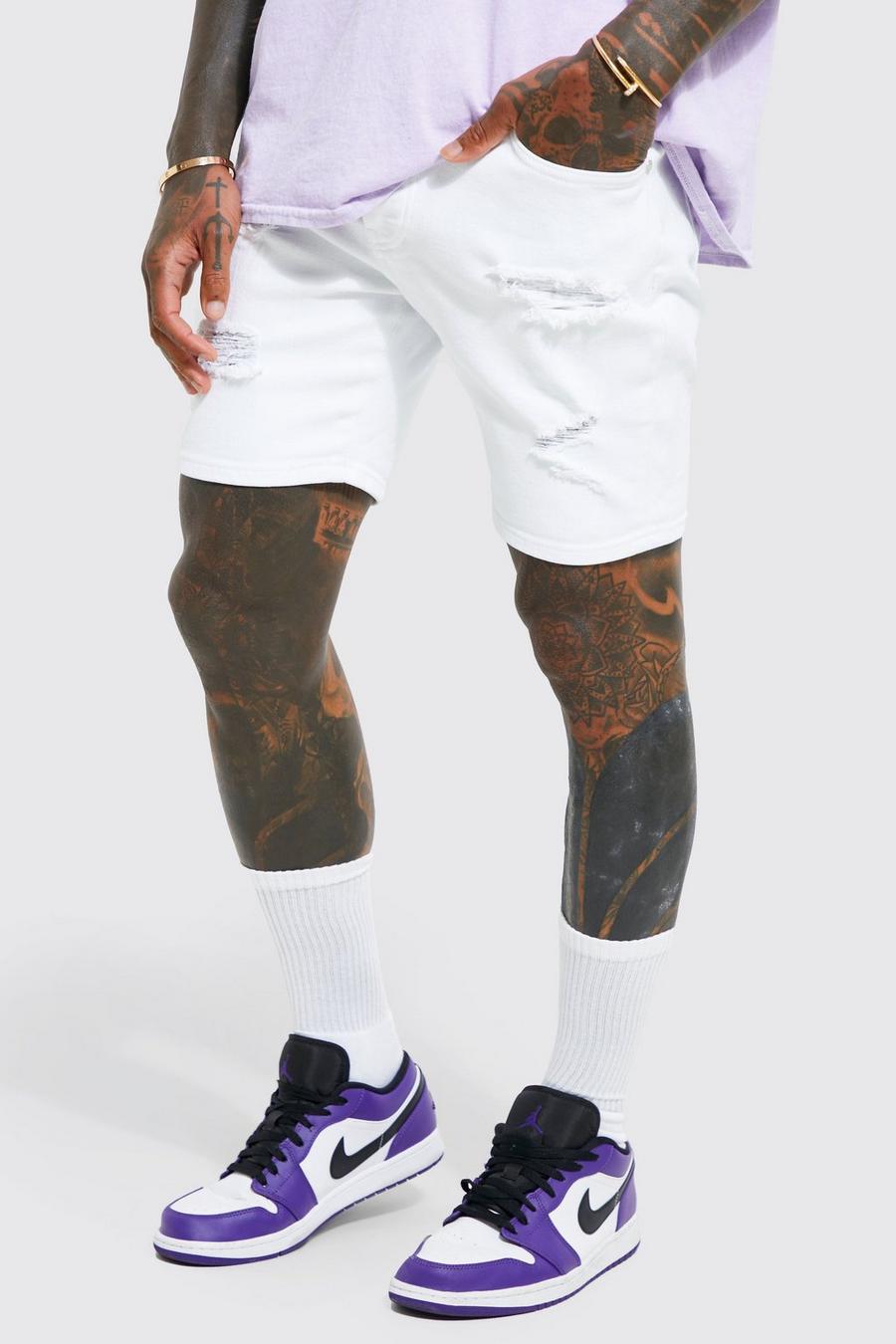 White blanc Skinny Stretch Rip & Repair Denim Shorts 