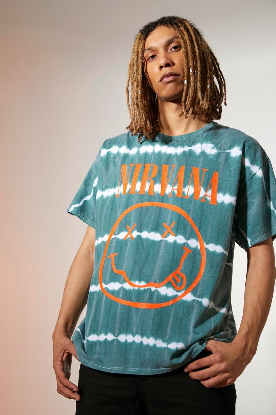 Oversize T-Shirt mit lizenziertem Nirvana-Print und Acid-Waschung, Green image number 1