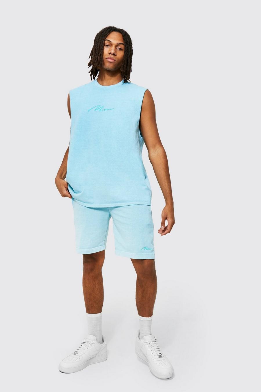 Light blue Oversized Overdye Man Tank And Short Set image number 1