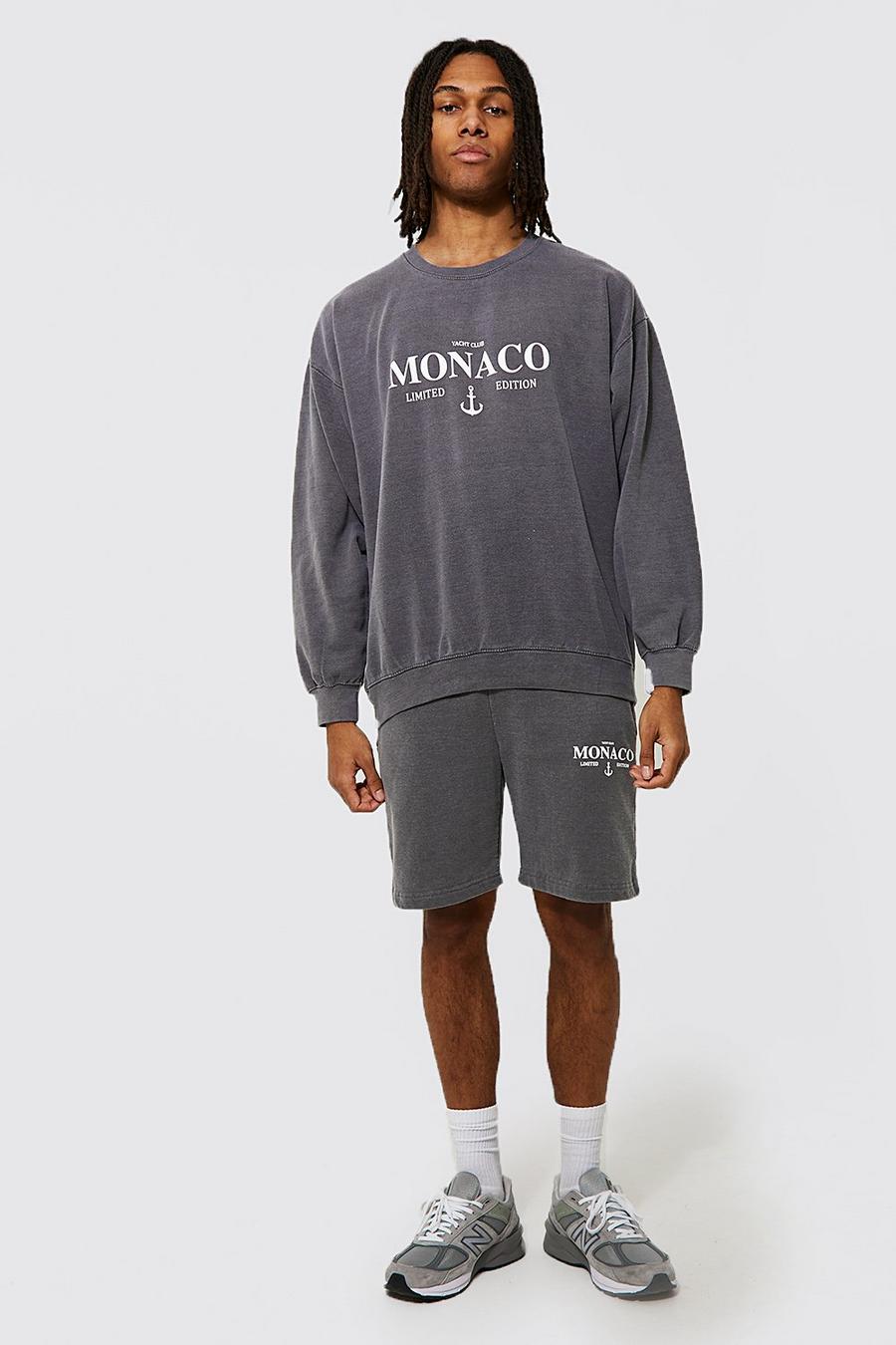 Tuta sportiva corta felpata oversize con scritta Monaco, Charcoal gris image number 1