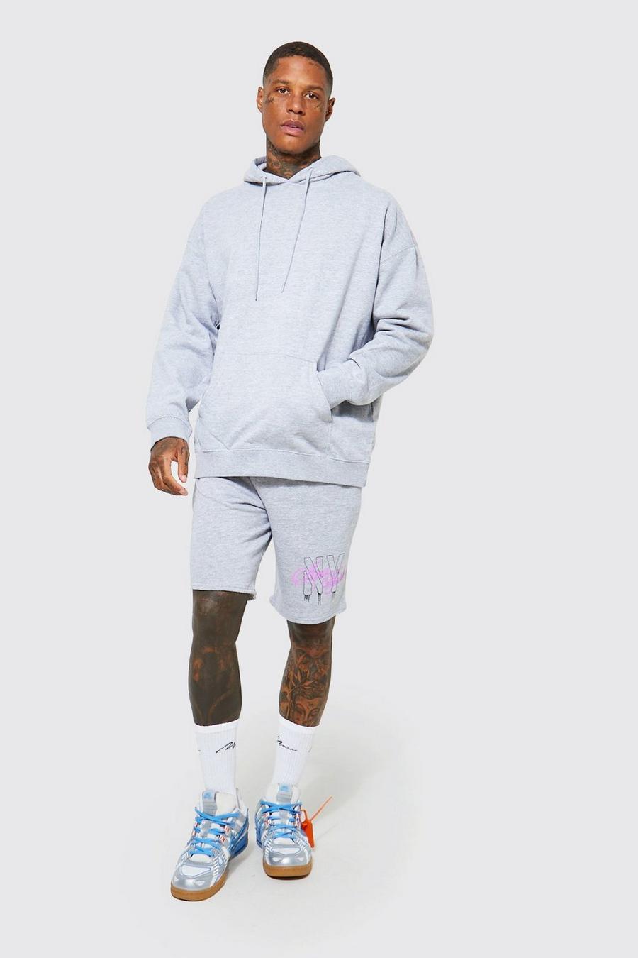 Grey marl New York Oversize hoodie och shorts image number 1