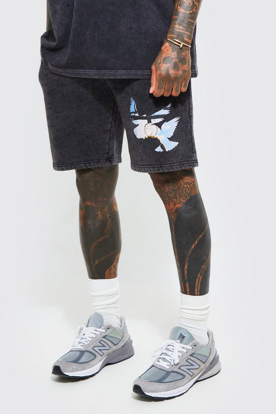 Pantalón corto holgado de tela jersey con lavado de ácido y estampado de pájaros, Charcoal image number 1