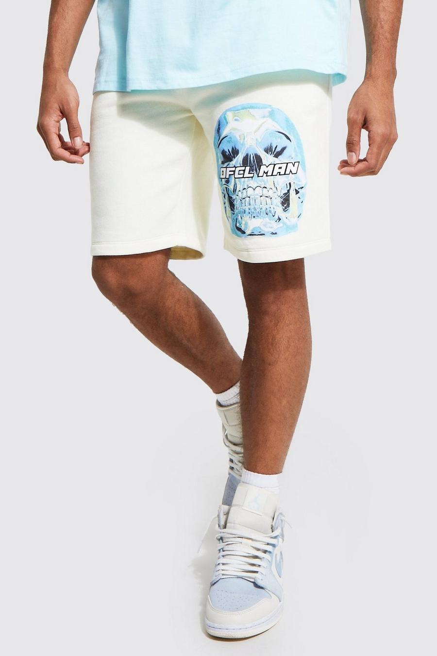 Ecru white Slim Fit Mid Skull Graphic Jersey Shorts