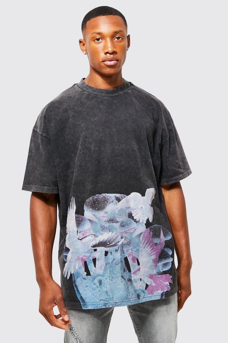 Camiseta oversize con lavado de ácido y estampado de champiñón, Charcoal grey image number 1