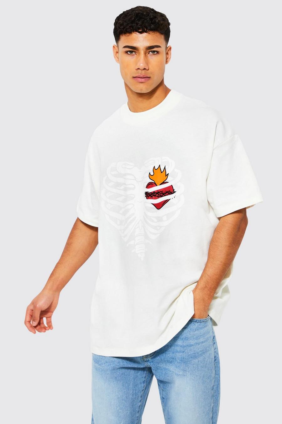 T-shirt oversize con stampa di scheletro e girocollo esteso, Ecru blanco