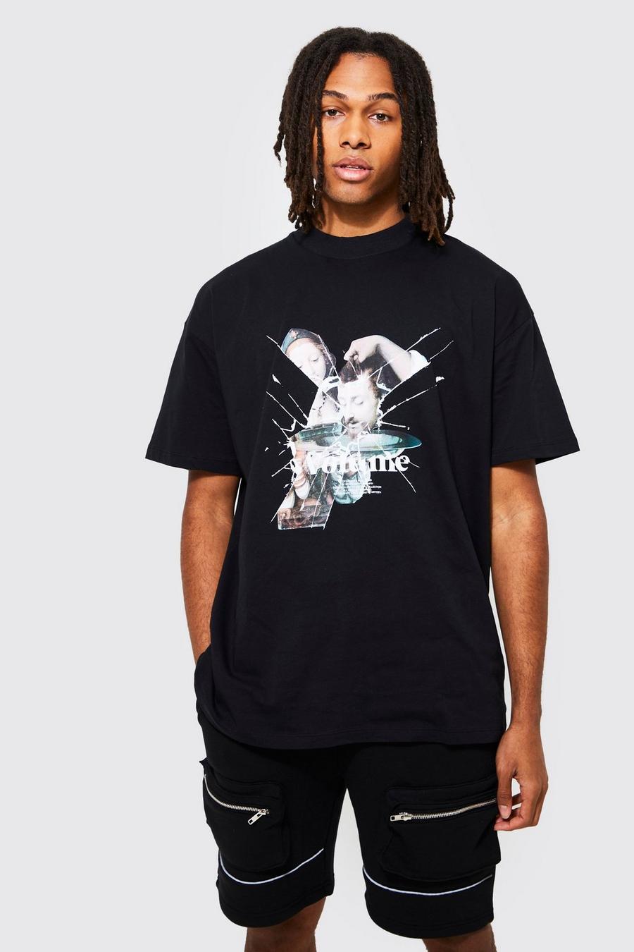 Black Oversized Graphic Extended Neck T-shirt image number 1