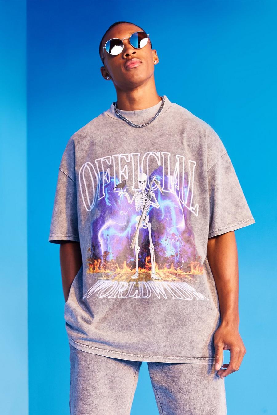 Oversize Batik T-Shirt mit Official-Print, Charcoal grau image number 1