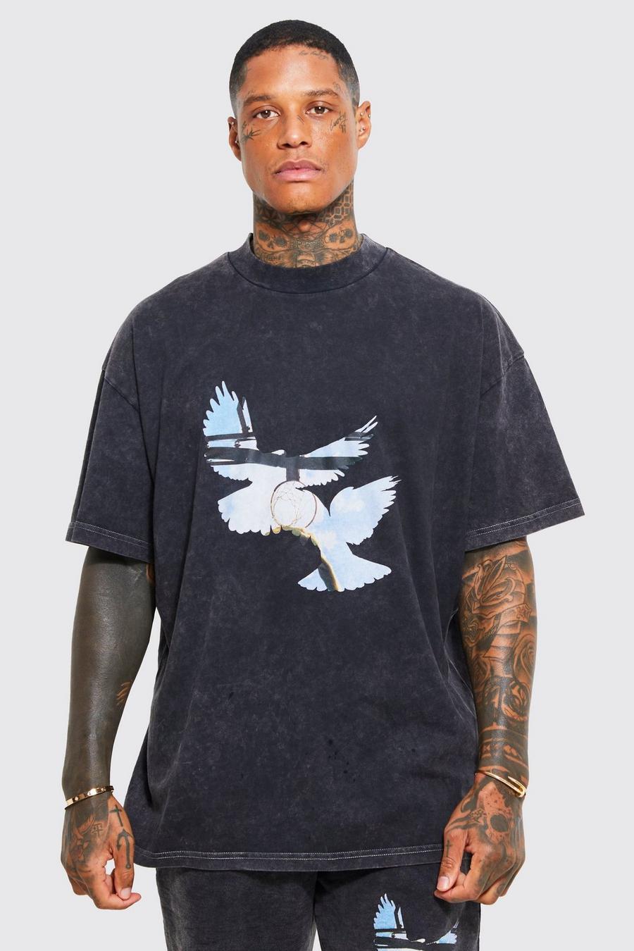 Charcoal grey Oversized Bird Graphic Acid Wash T-shirt