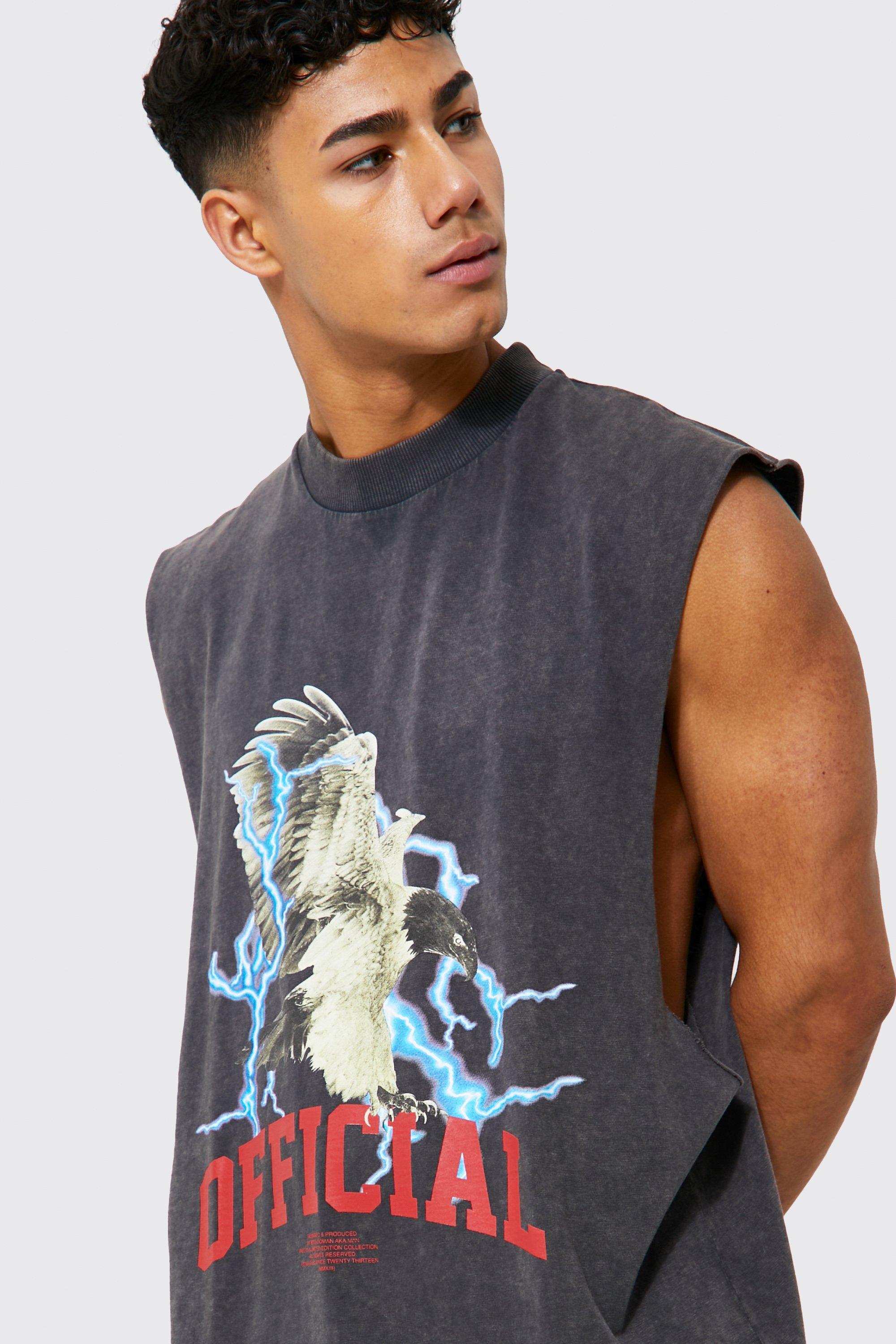 Oversized Eagle Extended Neck Acid Wash Tank boohoo