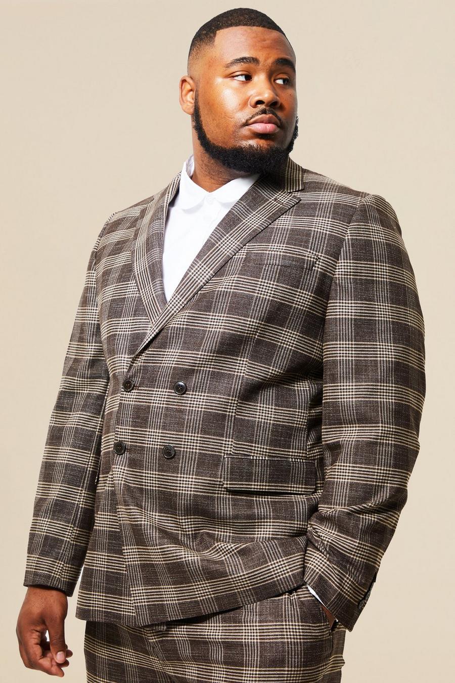 Brown marrone Plus Double Breasted Slim Check Suit Jacket