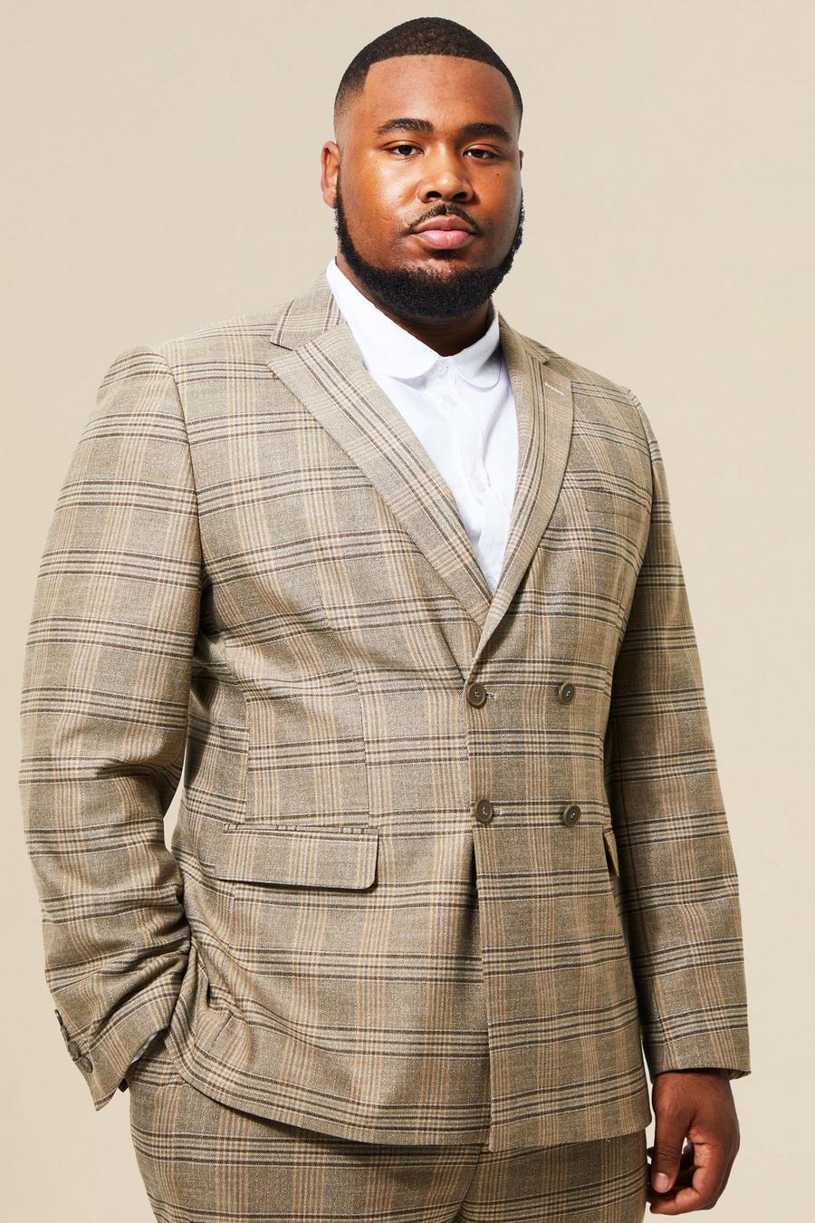 Beige Plus Double Breasted Slim Check Suit Jacket image number 1
