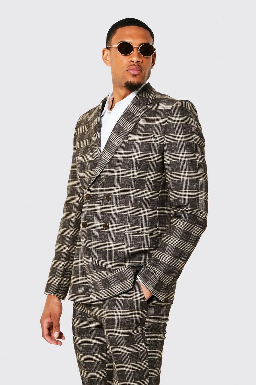 חום brown ז'קט חליפה בגזרה צרה עם הדפס משבצות ודשים כפולים, לגברים גבוהים