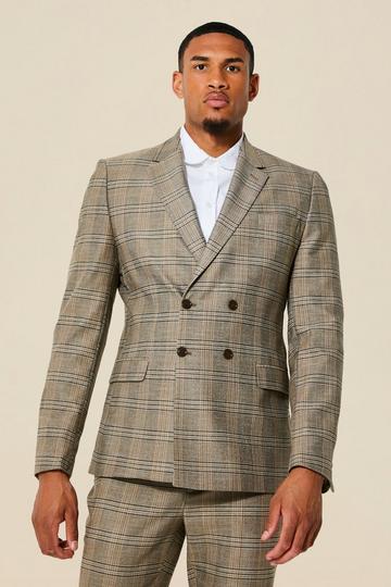 Tall Double Breasted Slim Check Suit Jacket beige