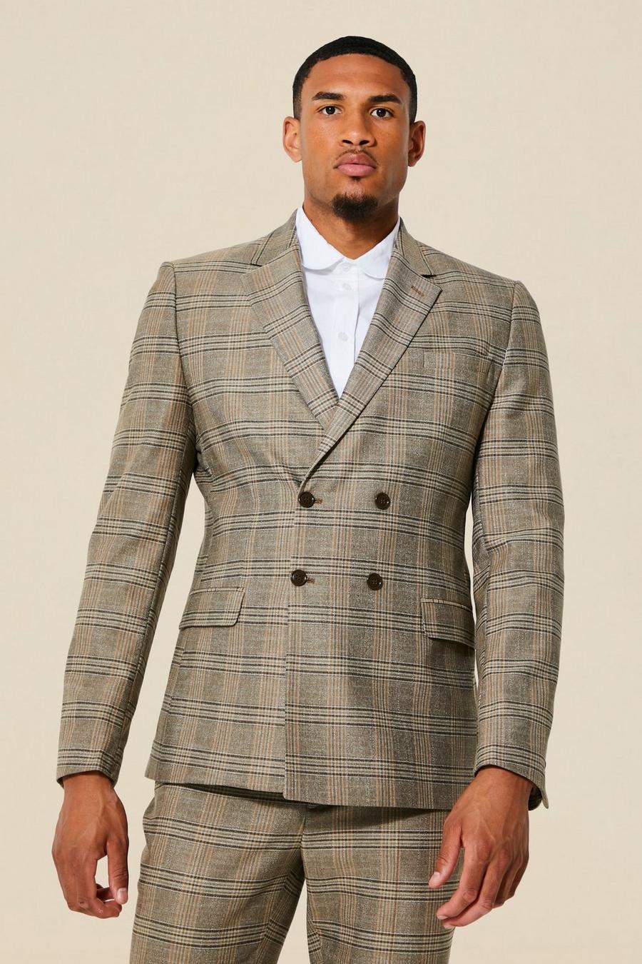 Beige Tall Double Breasted Slim Check Suit Jacket image number 1