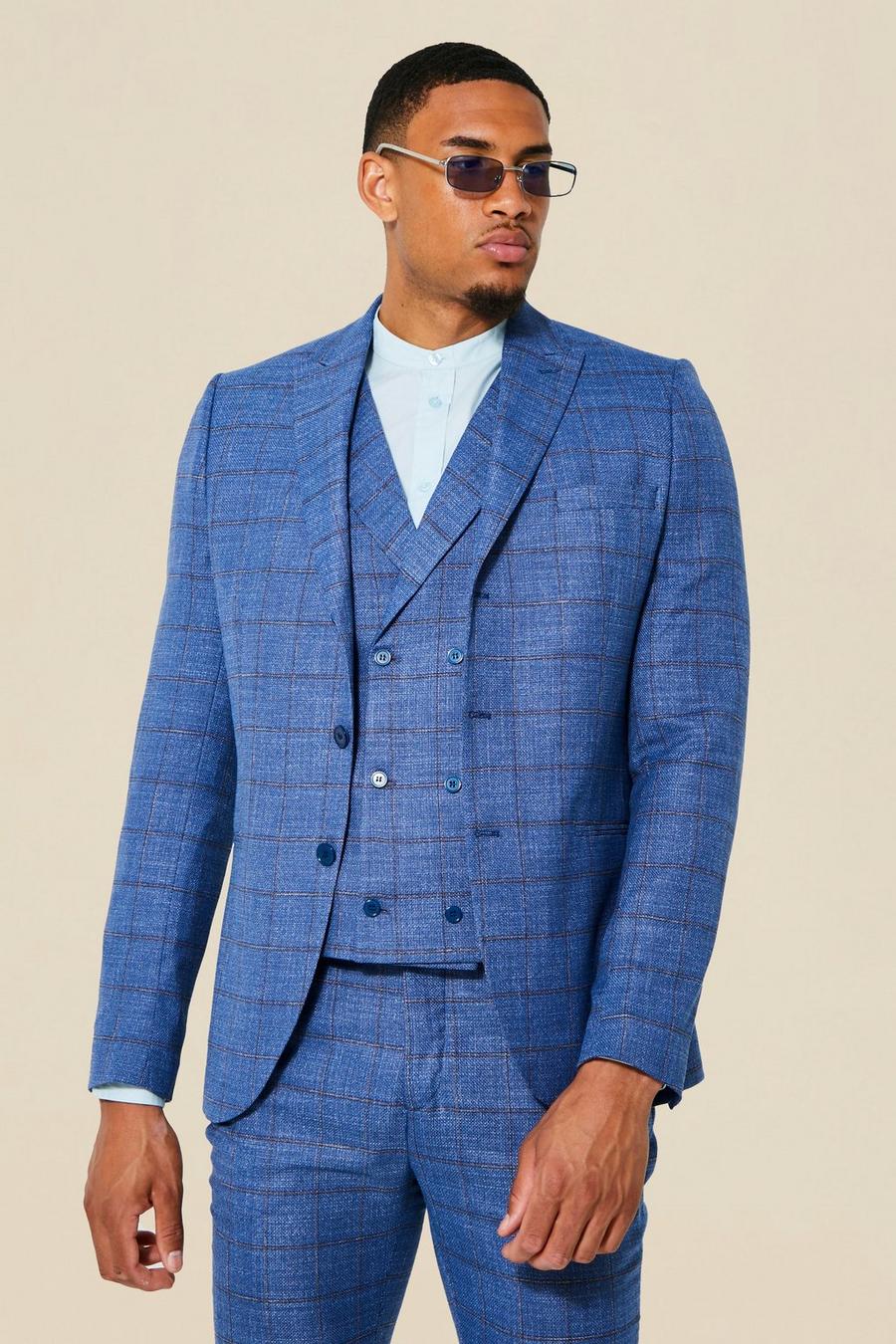 כחול azzurro ז'קט חליפה בגזרה צרה עם הדפס משבצות ודש אחד לגברים גבוהים