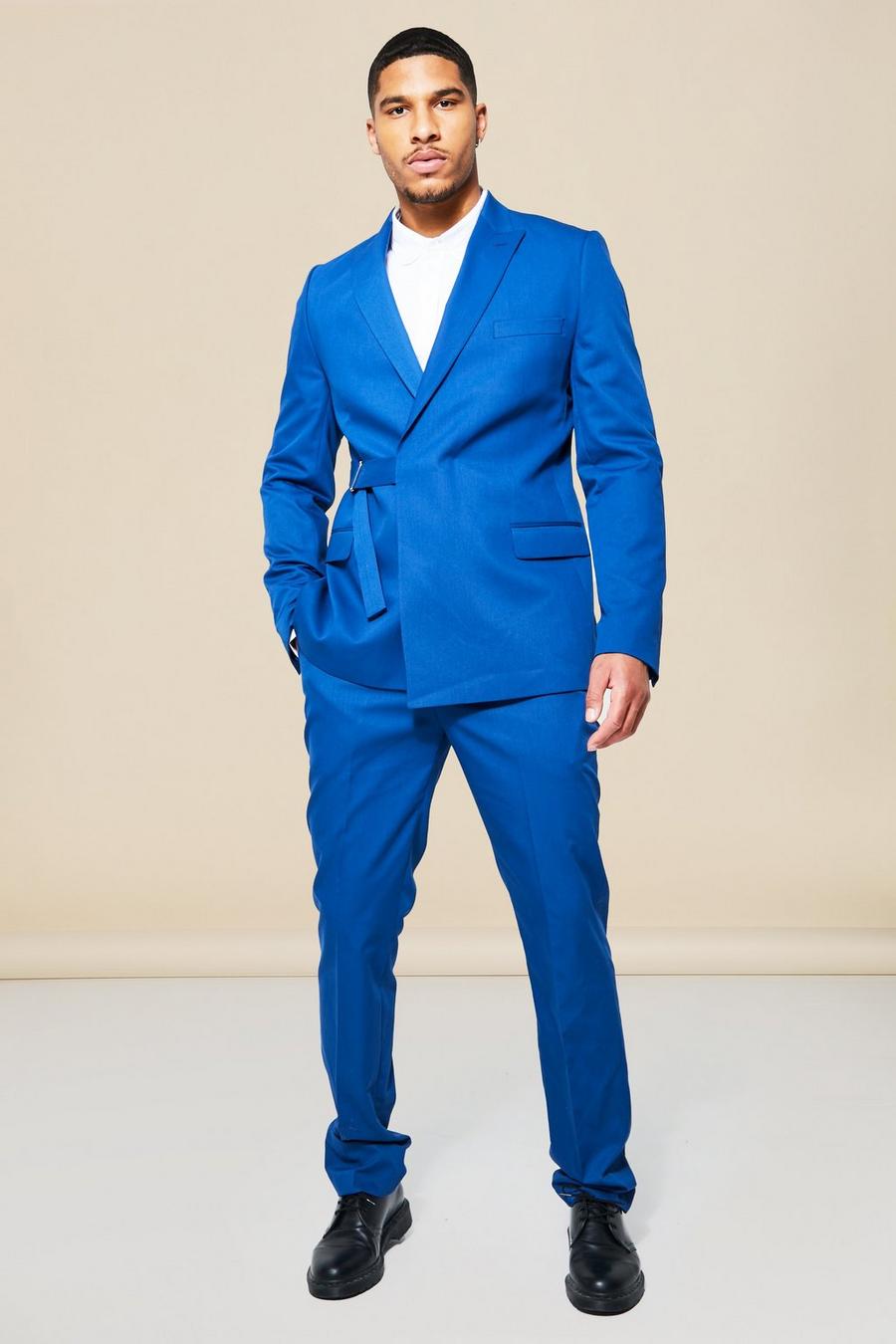 נייבי blu oltremare ז'קט חליפה בגזרה צרה עם חגורה ודשים כפולים, לגברים גבוהים