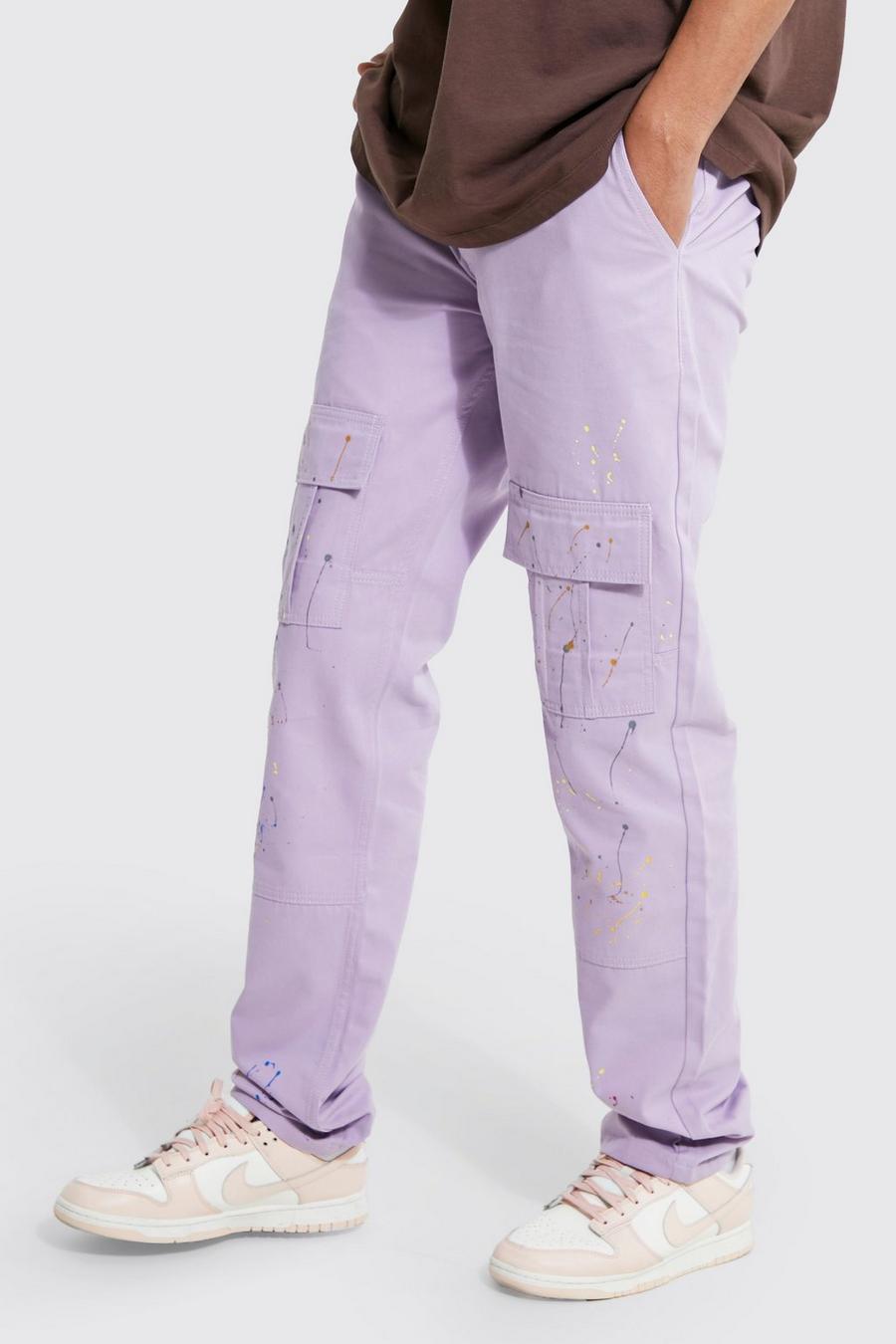 Lilac purple Tall Straight Leg Twill Paint Cargo Trousers