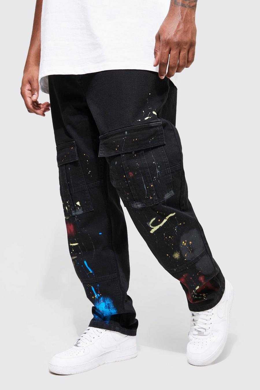 Black Plus Straight Leg Twill Paint Cargo Trousers image number 1