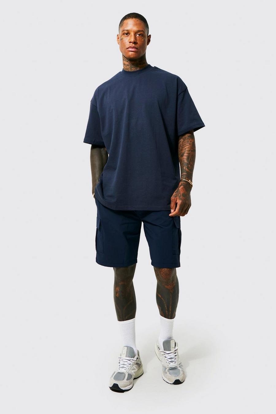 Navy Oversized Man T-shirt And Woven Short Set image number 1