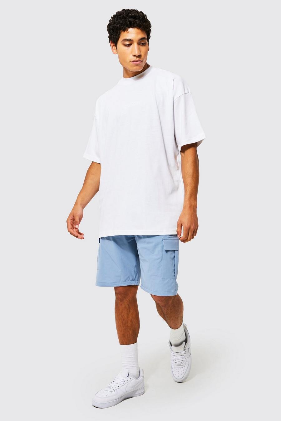 Dusty blue blå Oversized T-shirt And Woven Cargo Short Set image number 1