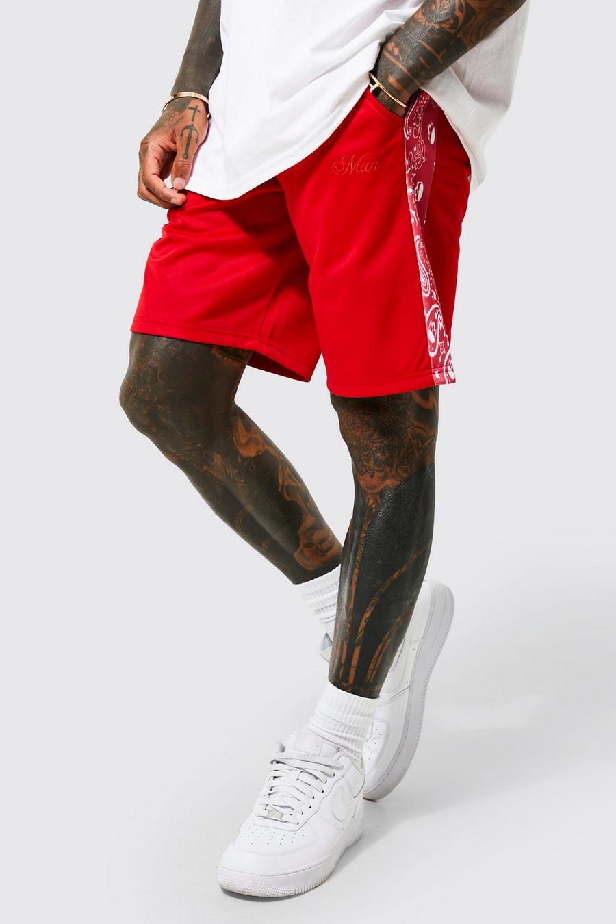 Red Loose Fit Man Printed Panel Tricot Shorts image number 1