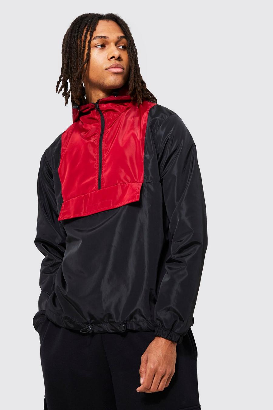 Red Colour Block Stripe Hooded Cagoule