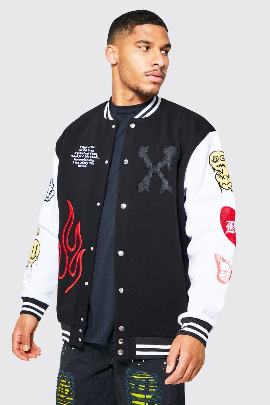 Black Tall Oversized Jersey Bomber With Applique image number 1