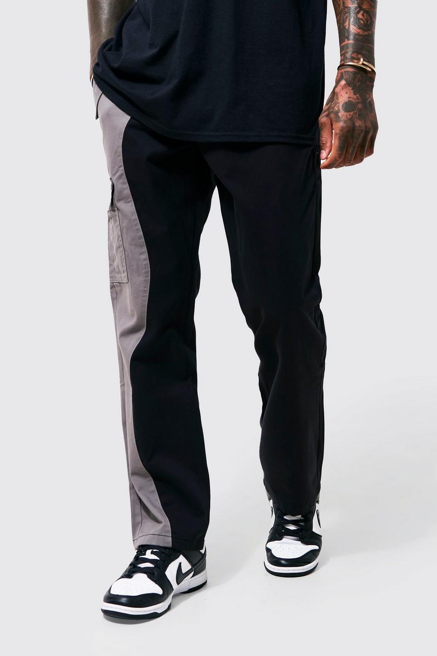 Black Straight Leg Curved Panel Cargo Trousers