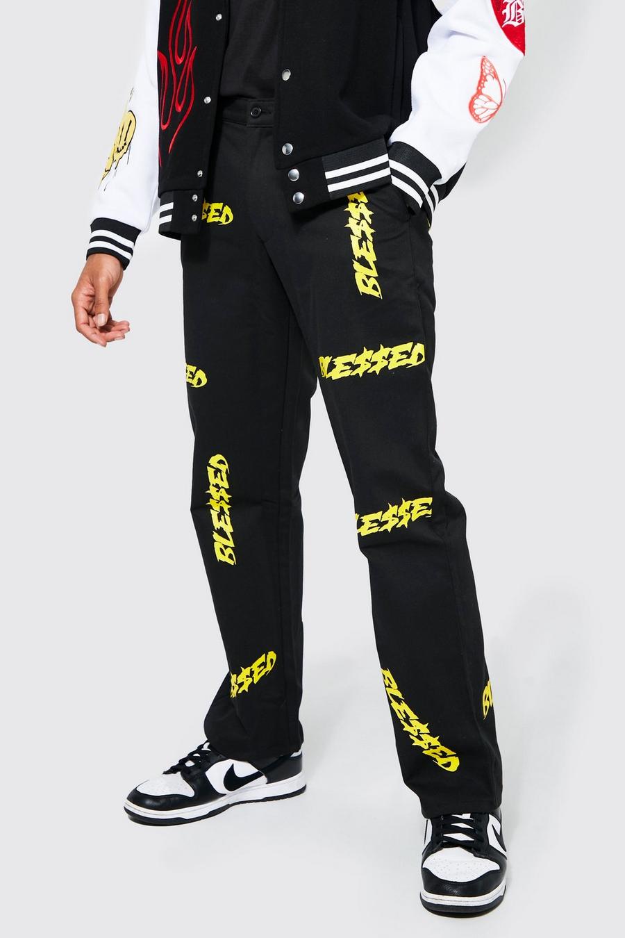 Pantalón chino holgado con estampado de grafiti, Black nero image number 1