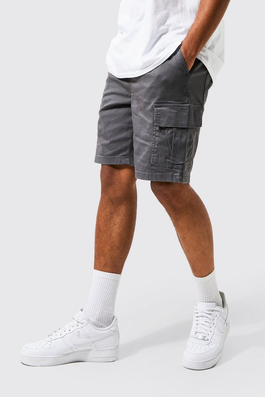 Charcoal grå Straight Leg Garment Dyed Twill Cargo Shorts