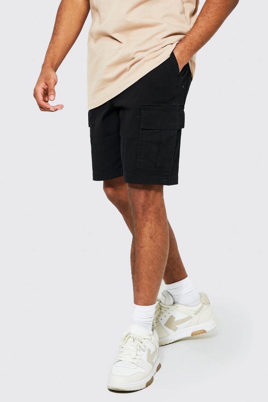 Black Straight Leg Garment Dyed Twill Cargo Shorts image number 1