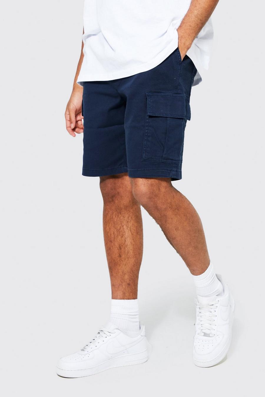 Navy Straight Leg Garment Dyed Twill Cargo Shorts image number 1