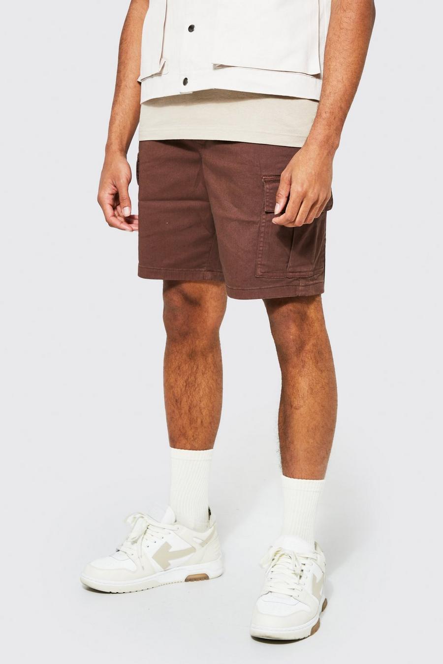 Chocolate Straight Leg Garment Dyed Twill Cargo Shorts image number 1
