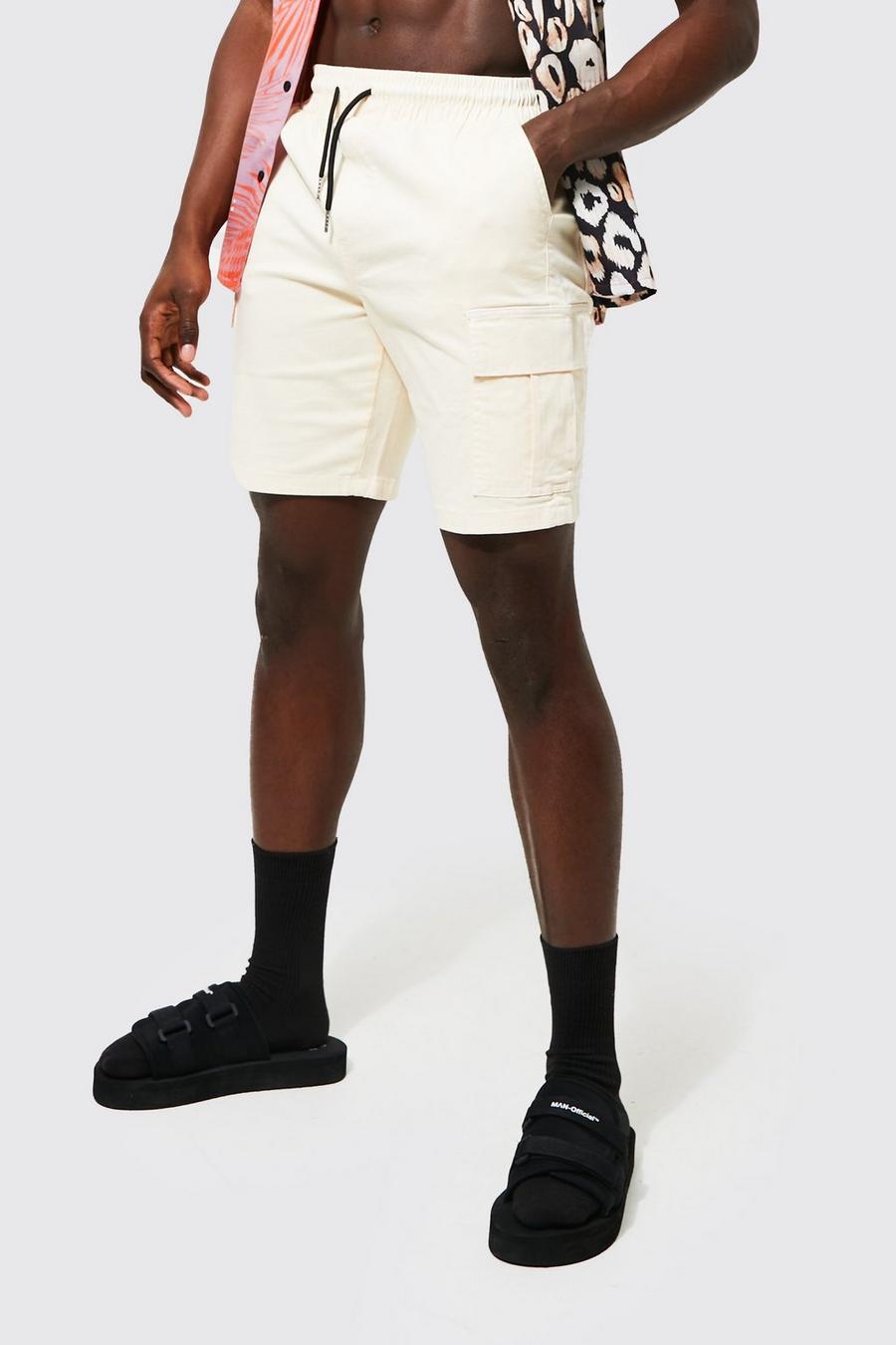 Ecru blanc Straight Leg Garment Dyed Twill Cargo Shorts