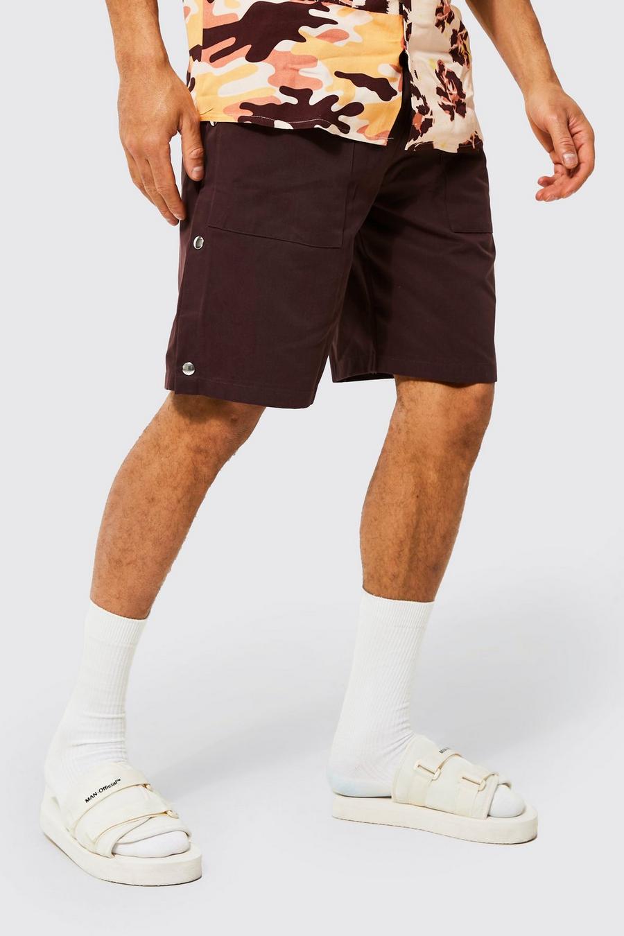 Chocolate brown Relaxed Fit Side Popper Shorts image number 1