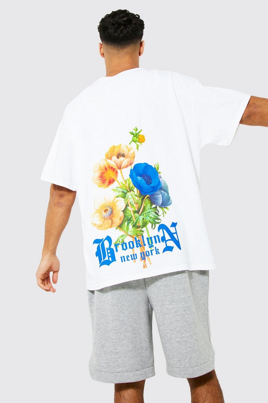 Florales Oversize T-Shirt mit Brooklyn-Print, White