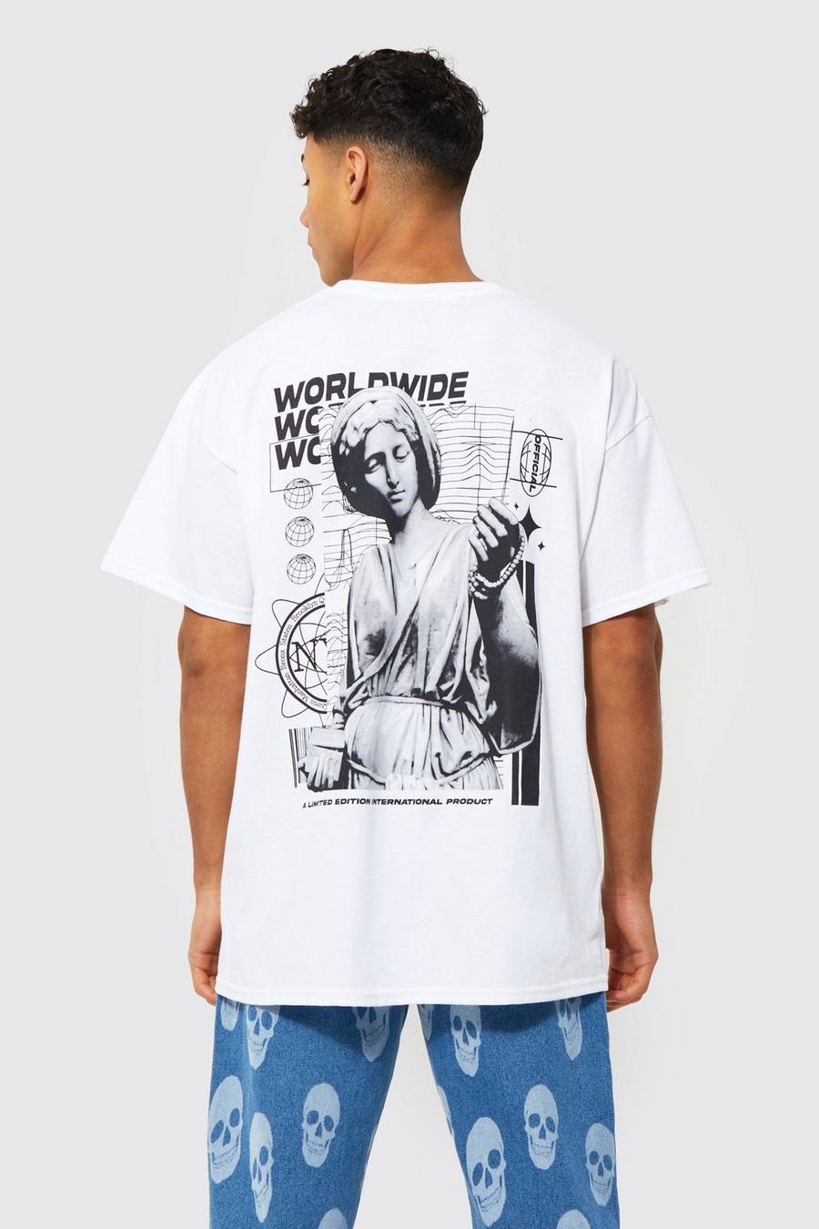 White Oversized Worldwide Standbeeld T-Shirt Met Rugopdruk