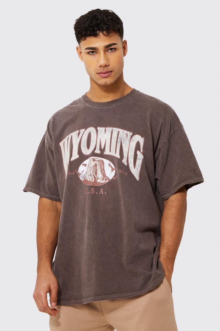 Camiseta oversize sobreteñida con estampado de Wyoming, Chocolate