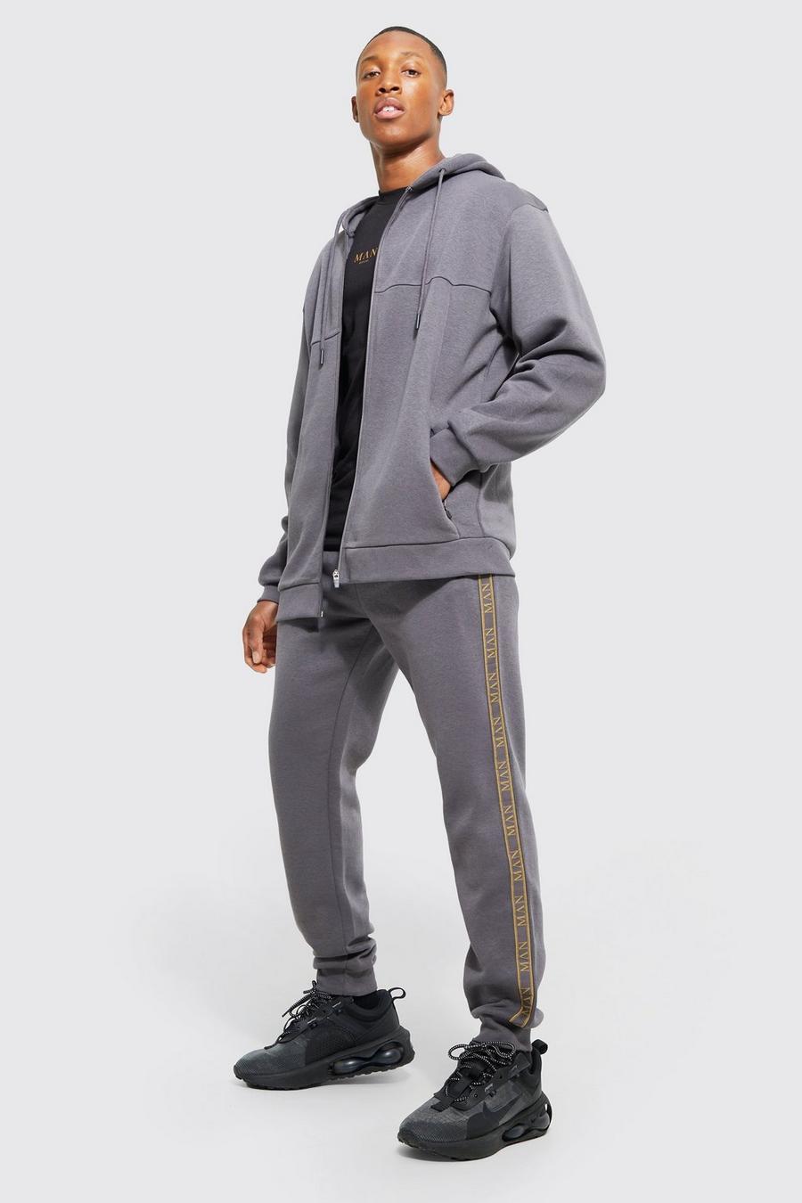 Charcoal Oversized Man Print Zip Hooded Tracksuit image number 1