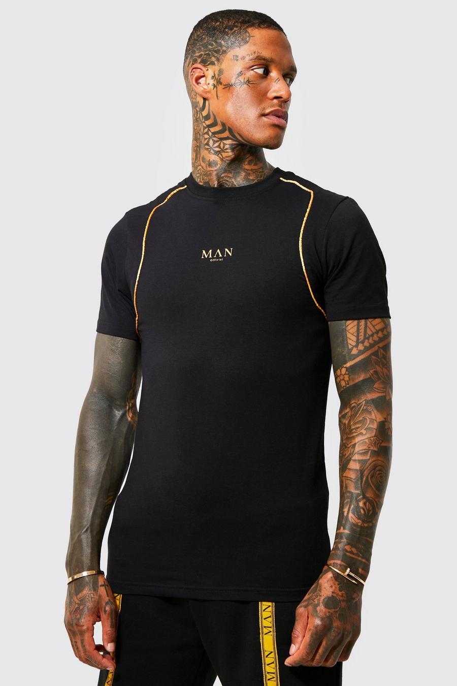 Camiseta MAN ajustada al músculo con ribete, Black nero