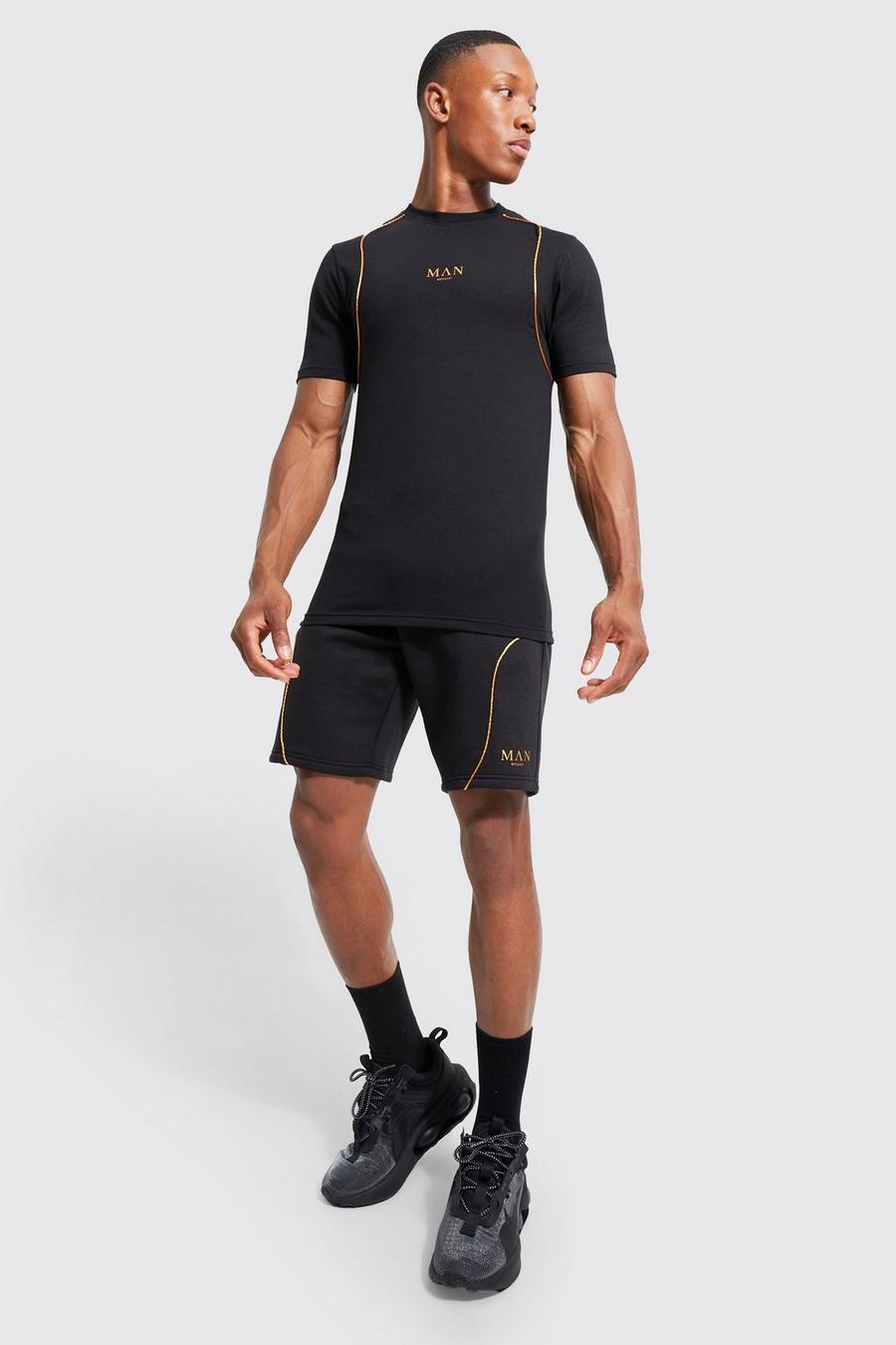 Black Man Muscle Fit Short Set With Piping