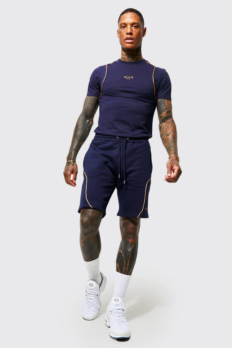 Navy Man Muscle Fit Short Set With Piping