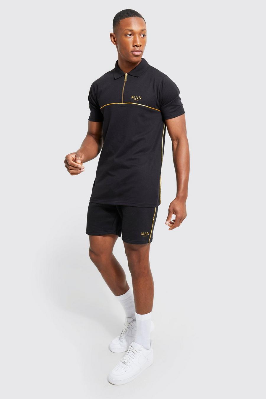 Slim-Fit Poloshirt & Shorts mit Paspeln, Black noir