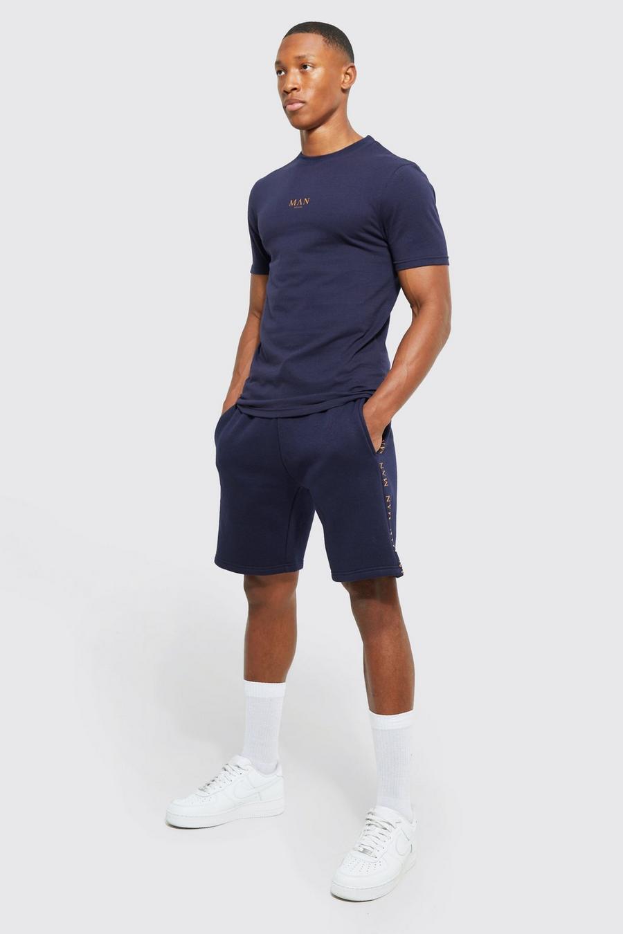 Navy Muscle Fit Man Print Panelled Short Set