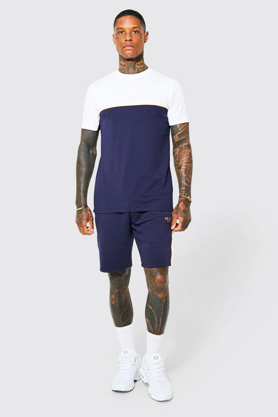 Navy Slim Fit Colour Block Short Set With Piping