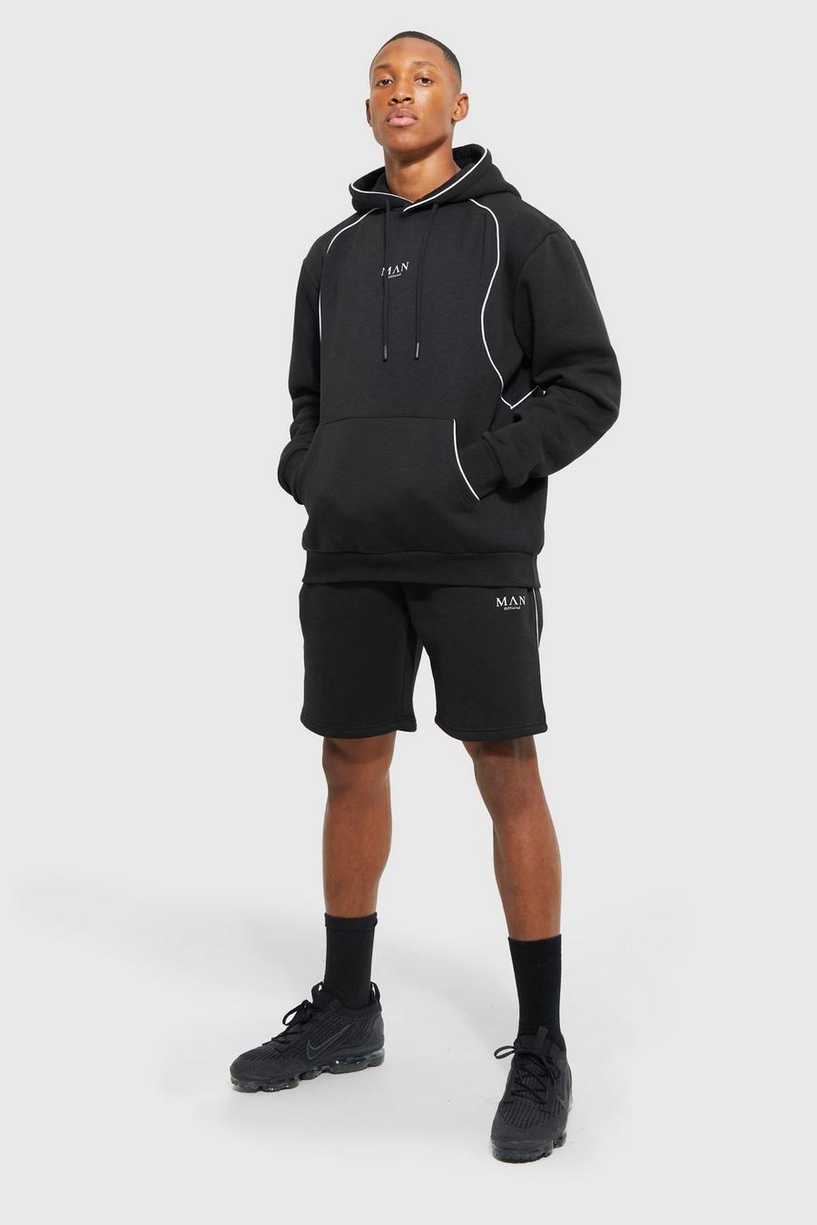 Black svart Man Hooded Short Tracksuit With Piping Detail