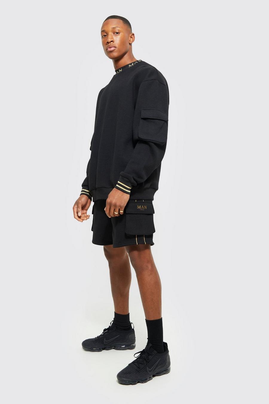 Black Oversized Cargo Short Tracksuit With Piping